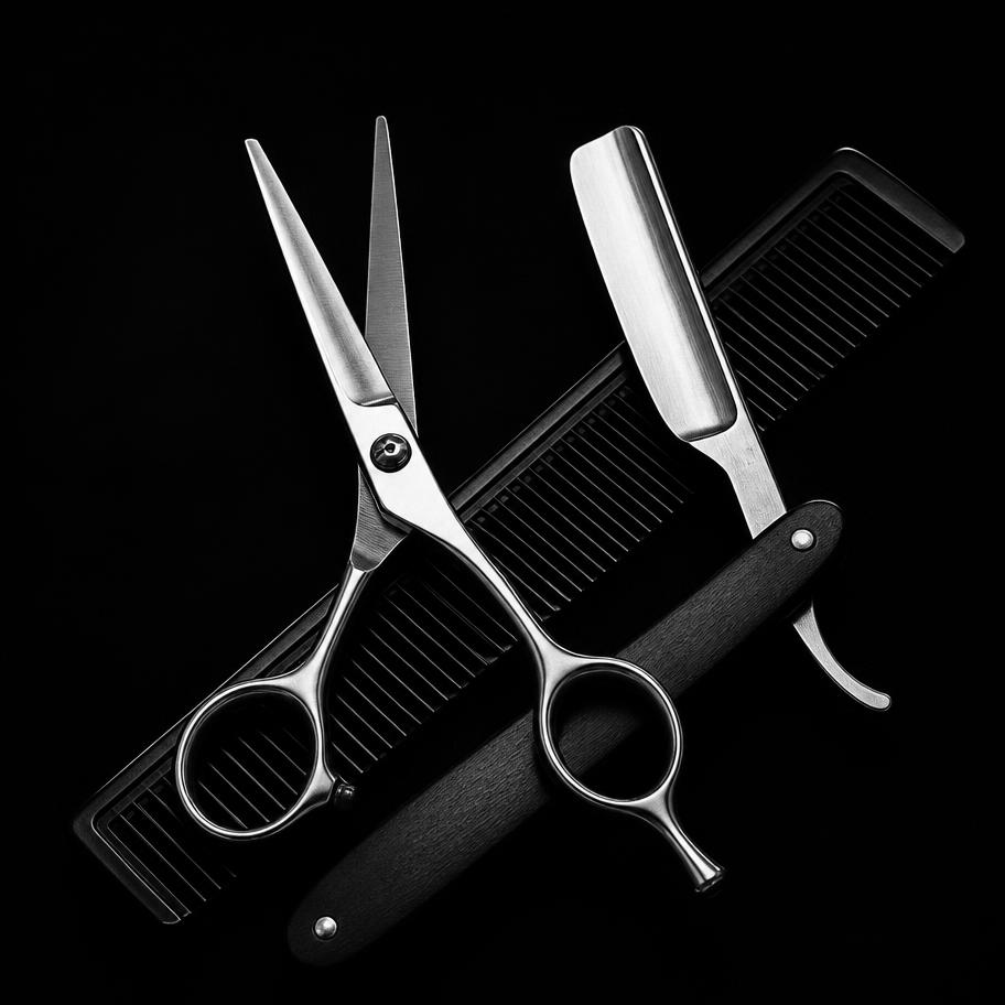Friseurschere, Rasiermesser und Kamm für Haarschnitt und Bartrasur in Köln