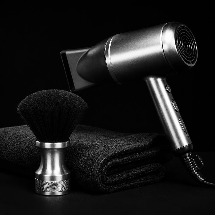 Föhn, Nackenpinsel und Handtuch für Waschen, Föhnen und Styling im Amir Barbershop Köln